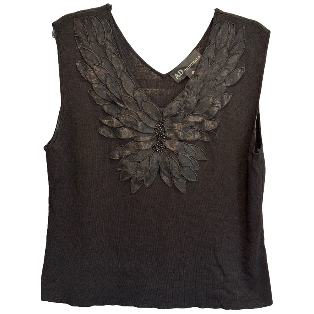 AD Originals Size XL Black Sleeveless Shell Top w/Applique & Beads at Neck